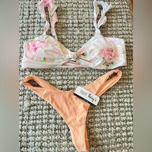Buy 2 get 1 free Nwt Dippin’ Daisy’s zen floral ruffle knot apricot thong bikini